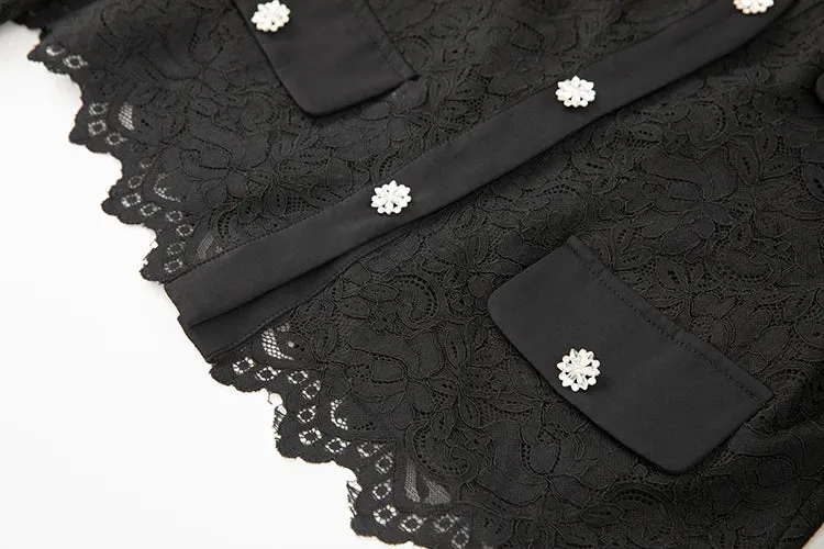 Poppy Crystal Button Tops   Pencil Skirt Black Lace 2 Piece Set