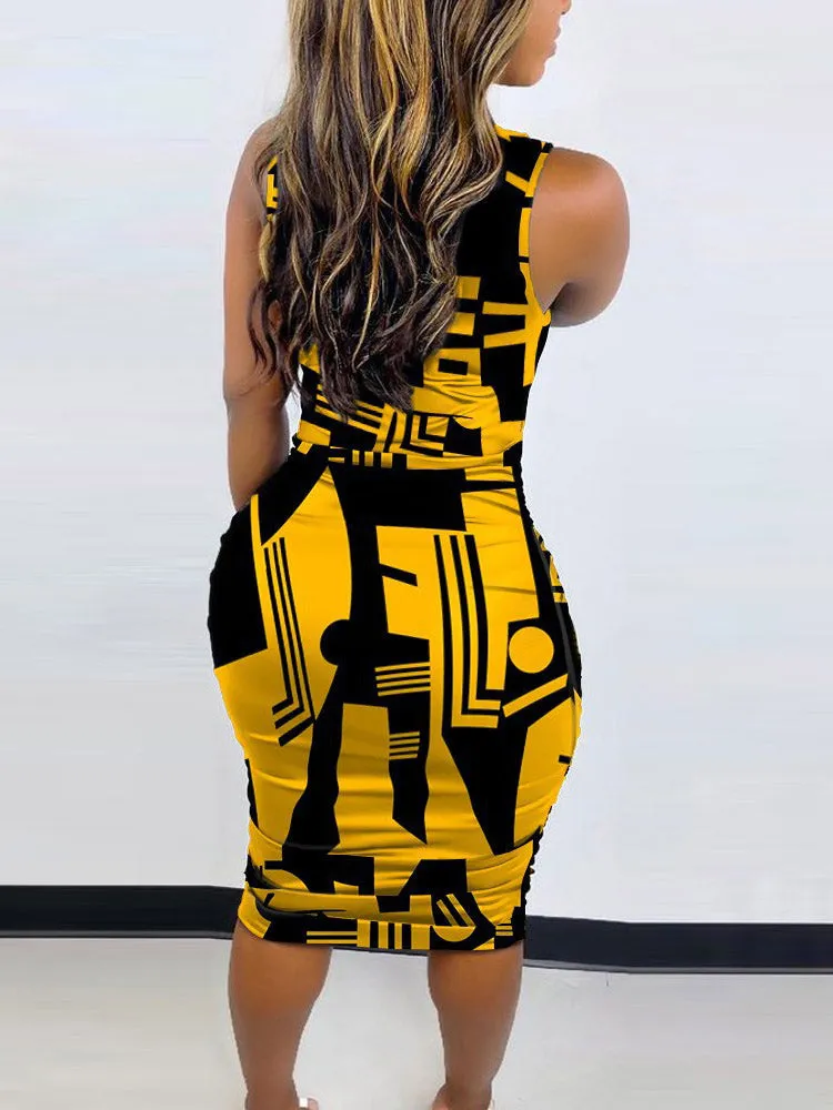 Print Sleeveless Pencil Midi Dress