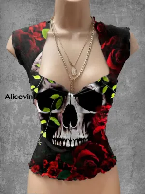 Punk Skull Art Print V-Neck Casual Top