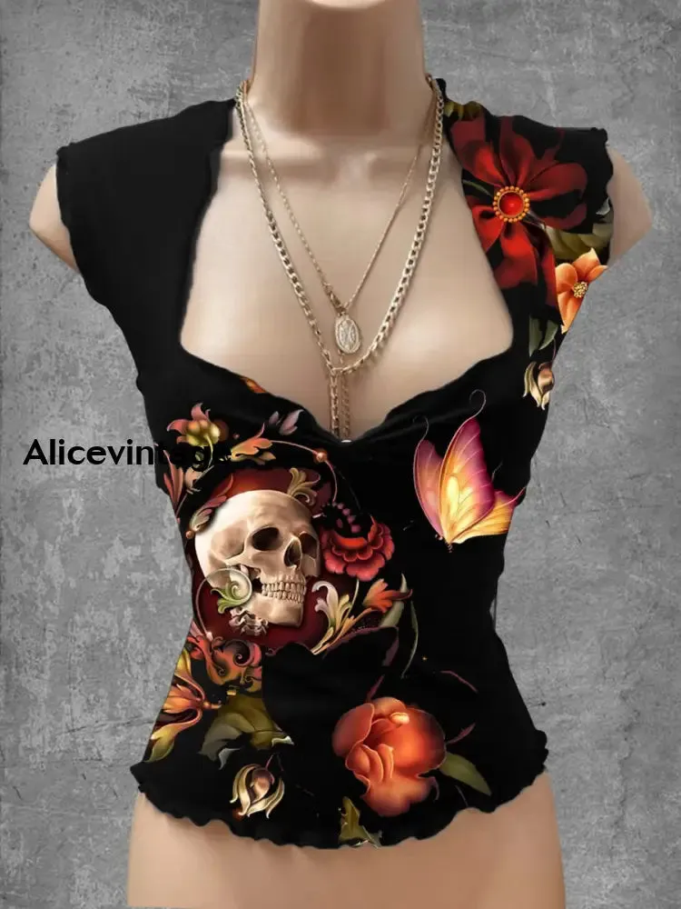 Punk Skull Art Print V-Neck Casual Top