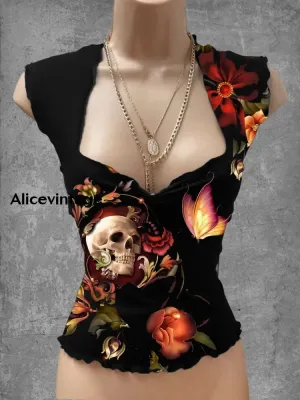 Punk Skull Art Print V-Neck Casual Top
