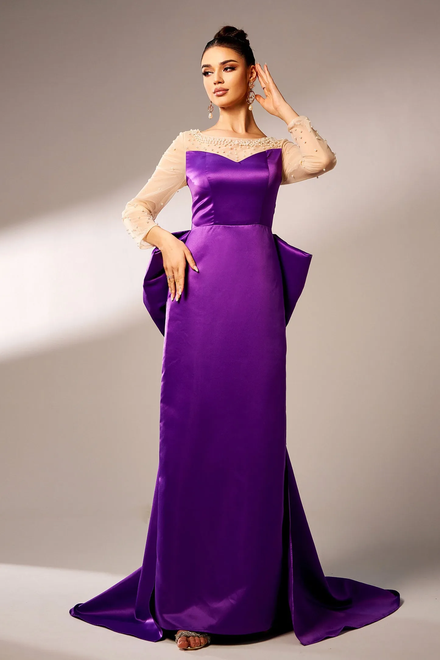 Purple Mermaid Long Sleeve Bow Evening Dress