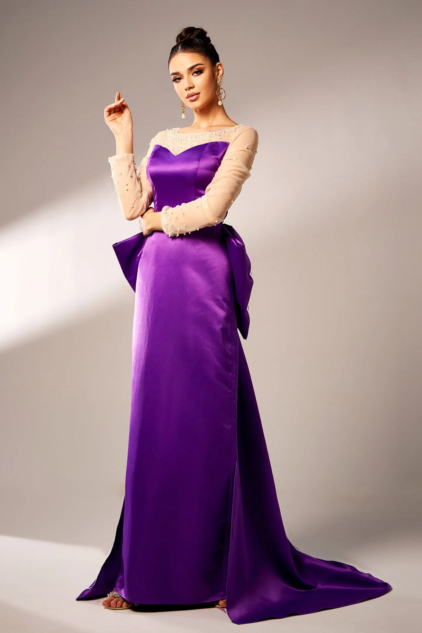 Purple Mermaid Long Sleeve Bow Evening Dress