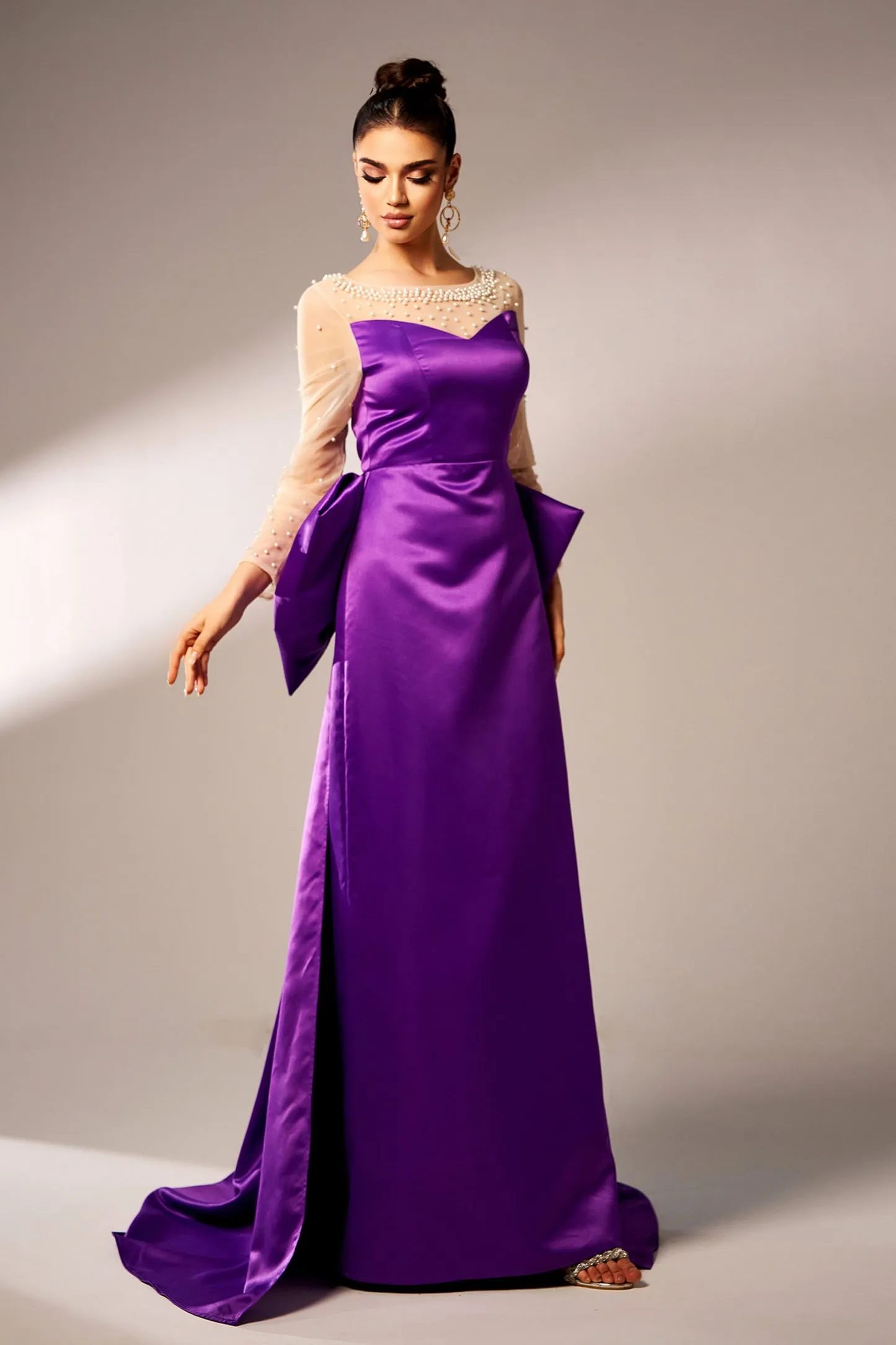 Purple Mermaid Long Sleeve Bow Evening Dress