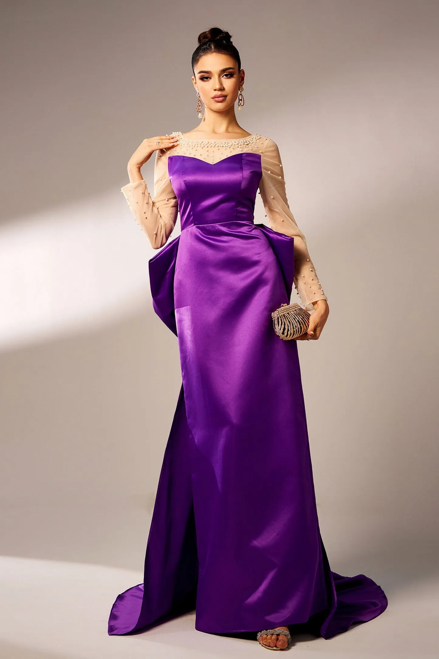Purple Mermaid Long Sleeve Bow Evening Dress