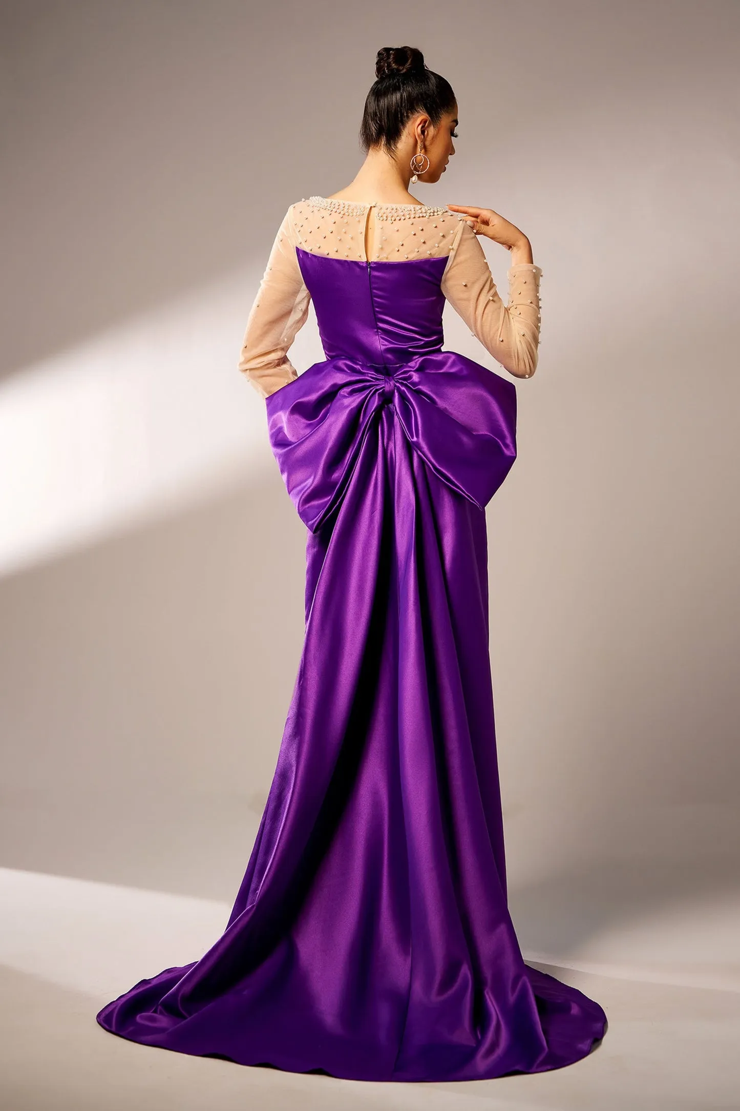 Purple Mermaid Long Sleeve Bow Evening Dress