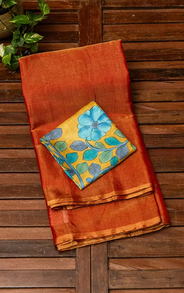 Red chanderi tissue silk saree with golden selvedge