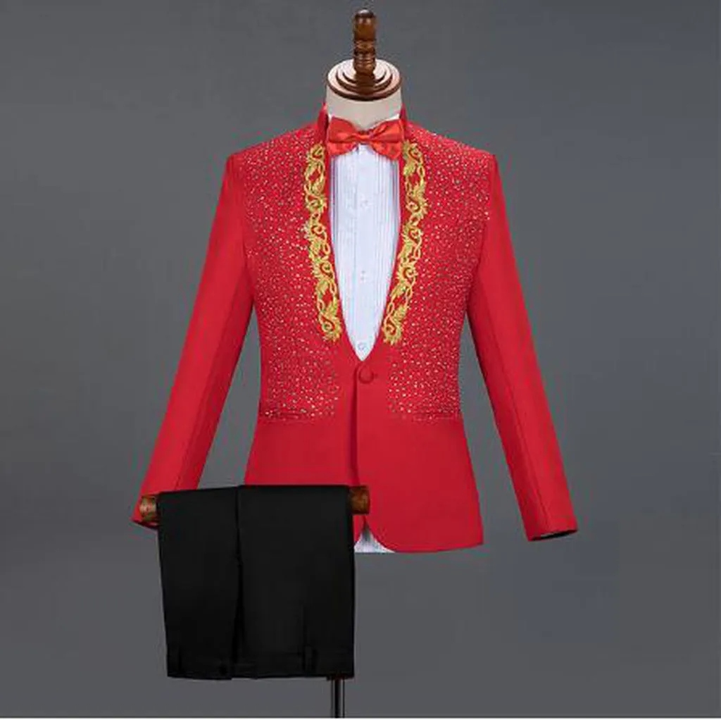 Red Diamond Floral Men Suits for Wedding Mens Suits 3 Piece Blazer Pant Bow Tie Fashion Tuxedo Men Suit Set Stage Costume Homme