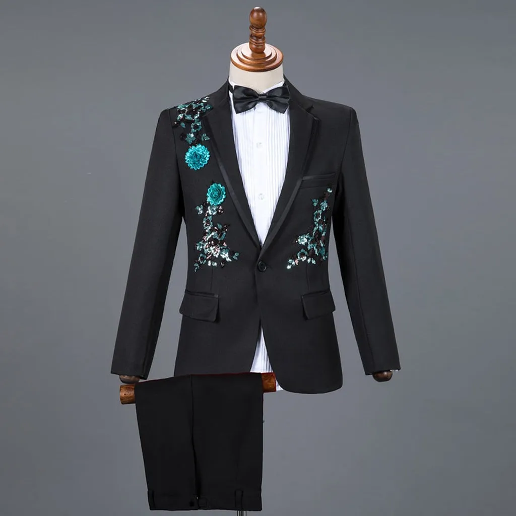 Red Diamond Floral Men Suits for Wedding Mens Suits 3 Piece Blazer Pant Bow Tie Fashion Tuxedo Men Suit Set Stage Costume Homme