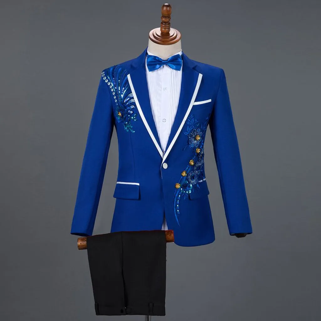 Red Diamond Floral Men Suits for Wedding Mens Suits 3 Piece Blazer Pant Bow Tie Fashion Tuxedo Men Suit Set Stage Costume Homme