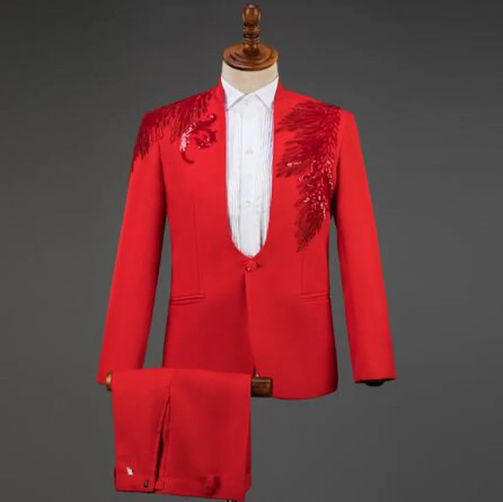 Red Diamond Floral Men Suits for Wedding Mens Suits 3 Piece Blazer Pant Bow Tie Fashion Tuxedo Men Suit Set Stage Costume Homme