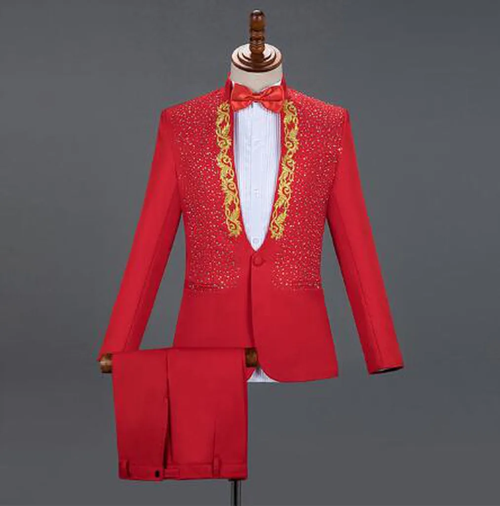 Red Diamond Floral Men Suits for Wedding Mens Suits 3 Piece Blazer Pant Bow Tie Fashion Tuxedo Men Suit Set Stage Costume Homme