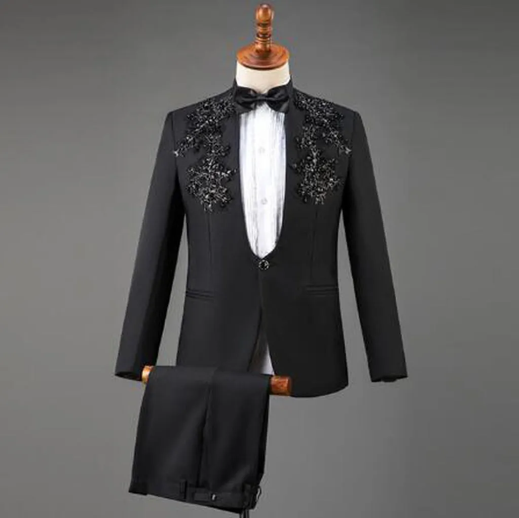 Red Diamond Floral Men Suits for Wedding Mens Suits 3 Piece Blazer Pant Bow Tie Fashion Tuxedo Men Suit Set Stage Costume Homme