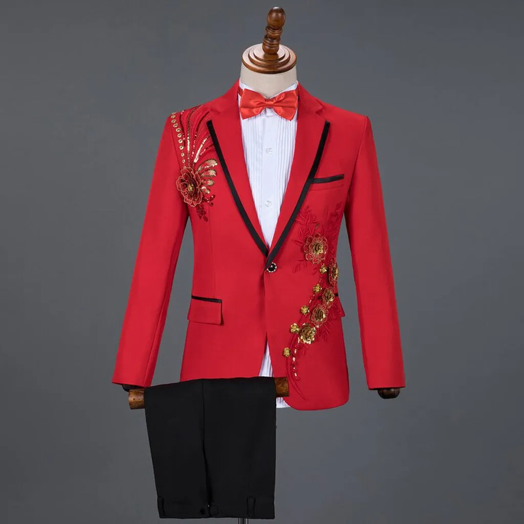 Red Diamond Floral Men Suits for Wedding Mens Suits 3 Piece Blazer Pant Bow Tie Fashion Tuxedo Men Suit Set Stage Costume Homme