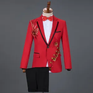Red Diamond Floral Men Suits for Wedding Mens Suits 3 Piece Blazer Pant Bow Tie Fashion Tuxedo Men Suit Set Stage Costume Homme