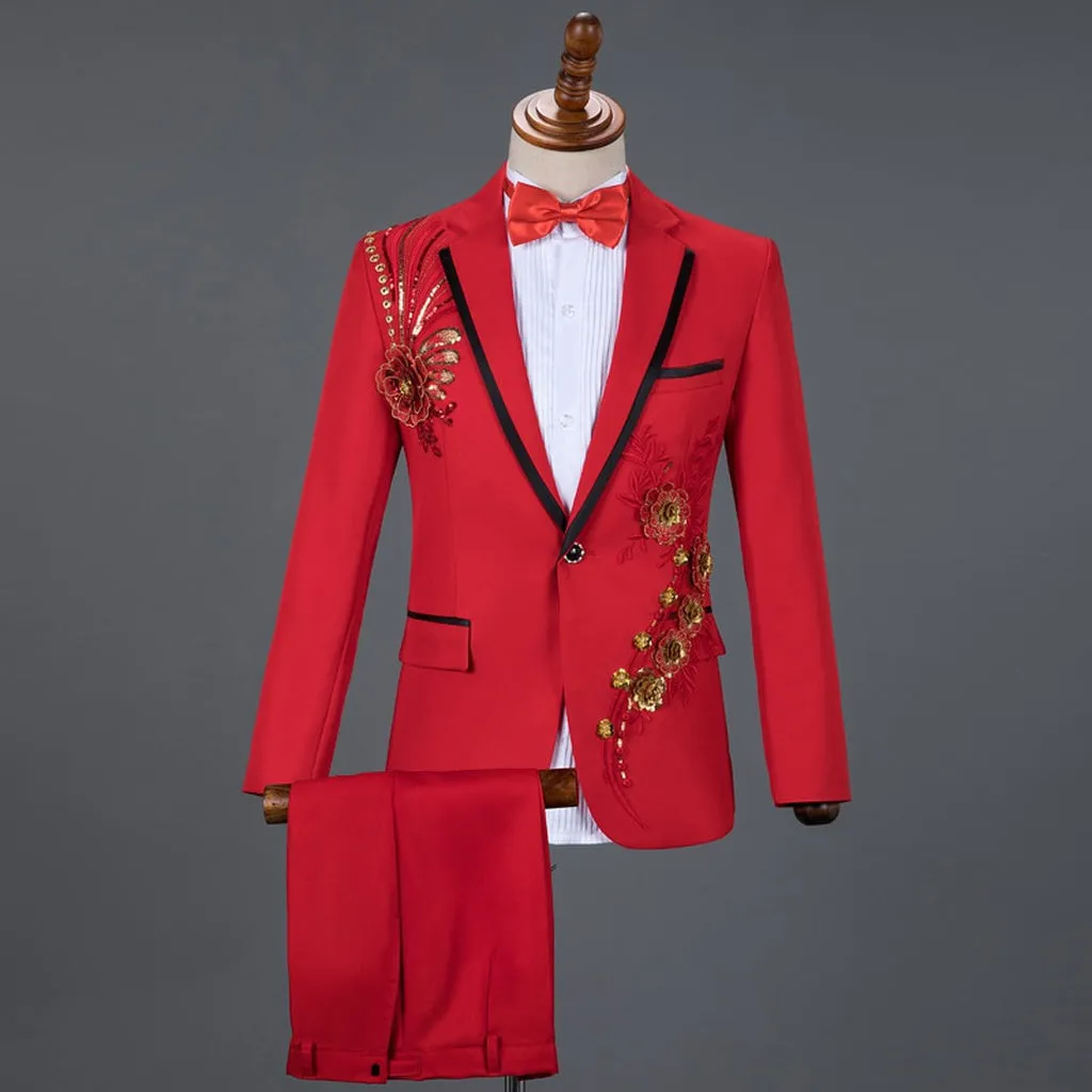 Red Diamond Floral Men Suits for Wedding Mens Suits 3 Piece Blazer Pant Bow Tie Fashion Tuxedo Men Suit Set Stage Costume Homme