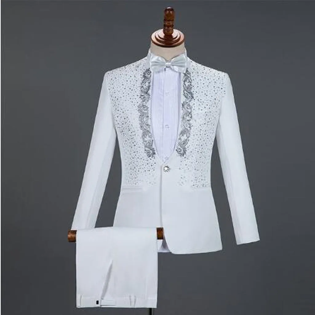 Red Diamond Floral Men Suits for Wedding Mens Suits 3 Piece Blazer Pant Bow Tie Fashion Tuxedo Men Suit Set Stage Costume Homme