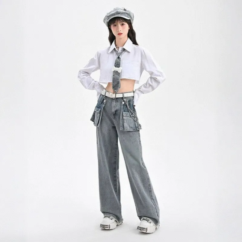 Retro Style Large Pocket Design High-Waisted Straight Jeans