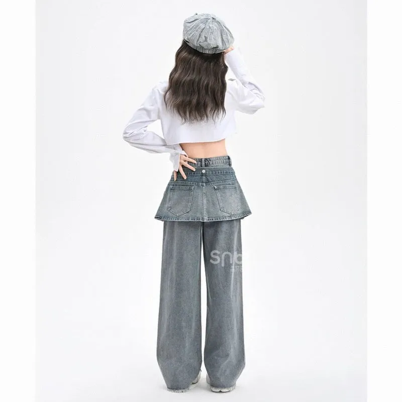 Retro Style Large Pocket Design High-Waisted Straight Jeans