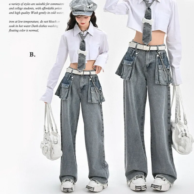Retro Style Large Pocket Design High-Waisted Straight Jeans