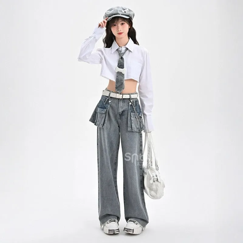 Retro Style Large Pocket Design High-Waisted Straight Jeans