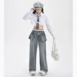 Retro Style Large Pocket Design High-Waisted Straight Jeans