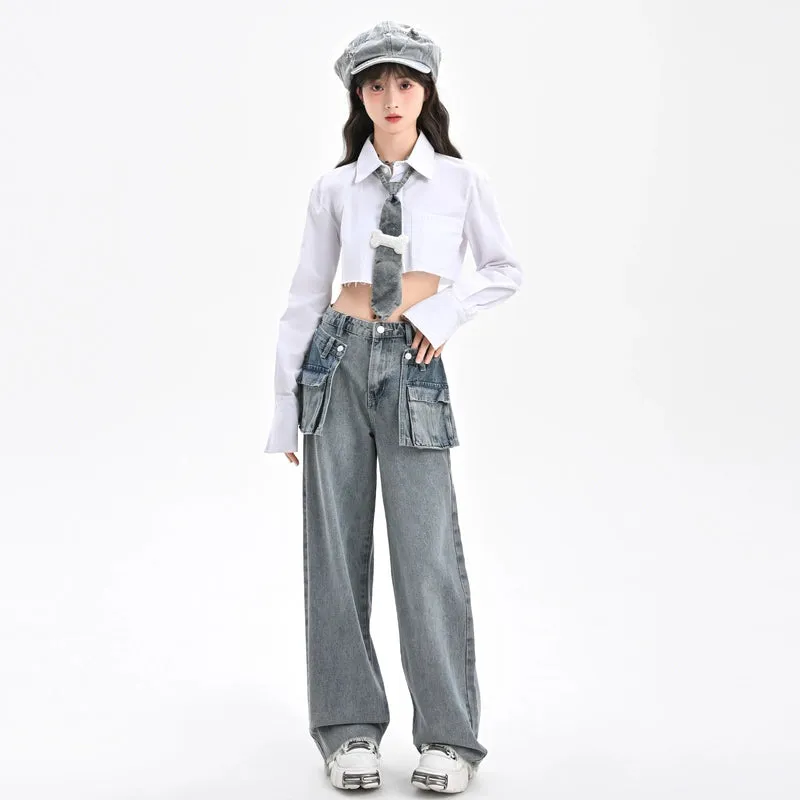 Retro Style Large Pocket Design High-Waisted Straight Jeans