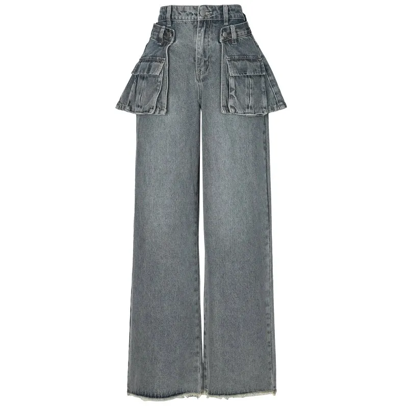 Retro Style Large Pocket Design High-Waisted Straight Jeans