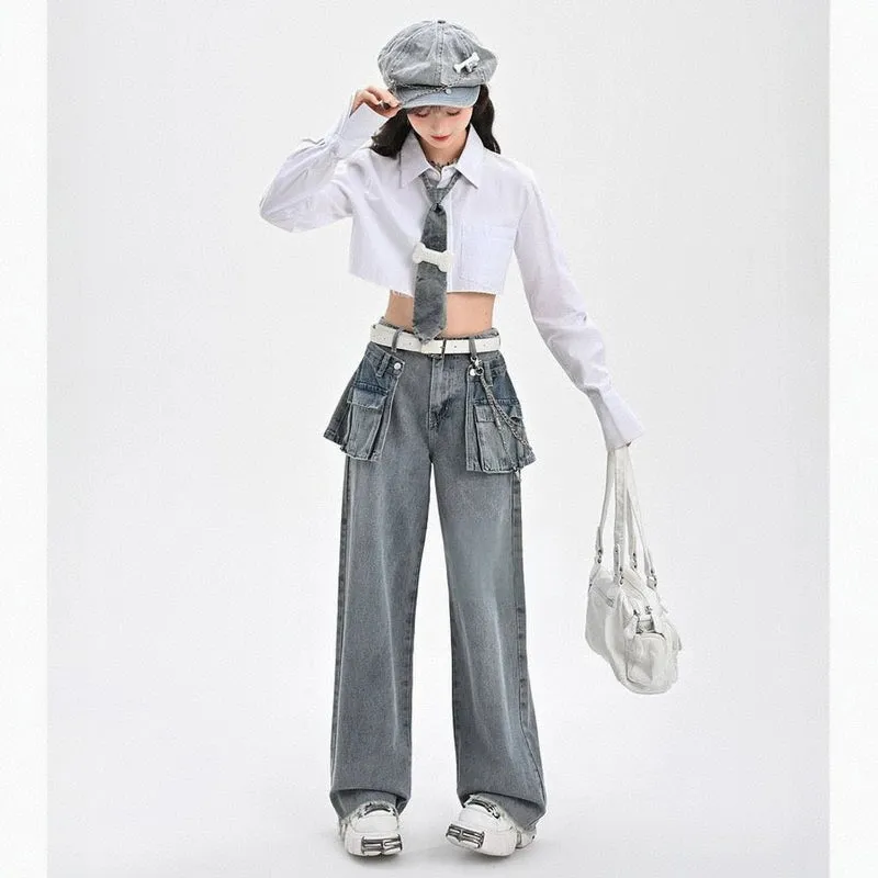 Retro Style Large Pocket Design High-Waisted Straight Jeans