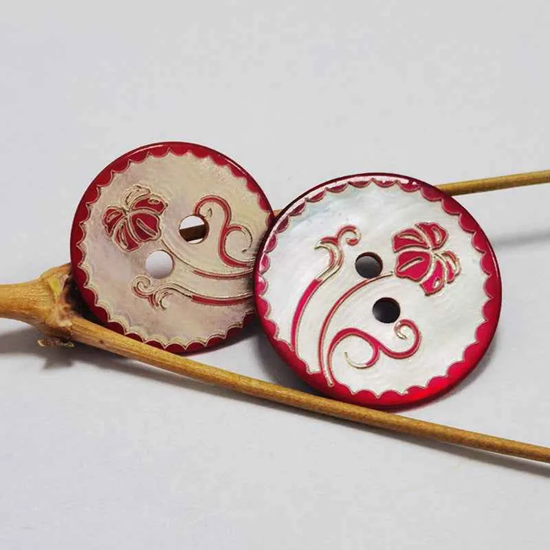 Round 2-Hole Mother of Pearl Shell Buttons Red/Black Floral 100 Pack