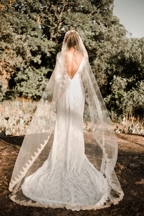 Roycebridal Illusion Neckline Ivory Lave Wedding Dress Long Sleeves Sheath Bridal Dress,MW350