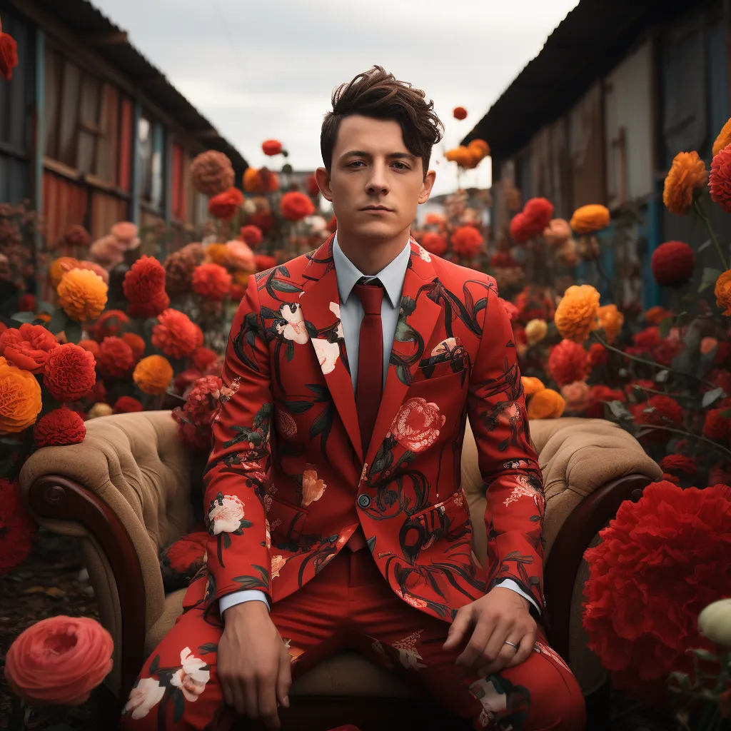 Rulercosplay Mens 2 Piece Print Suit Floral Dress Jacket Slim 2 Button Blazer Pants For Party