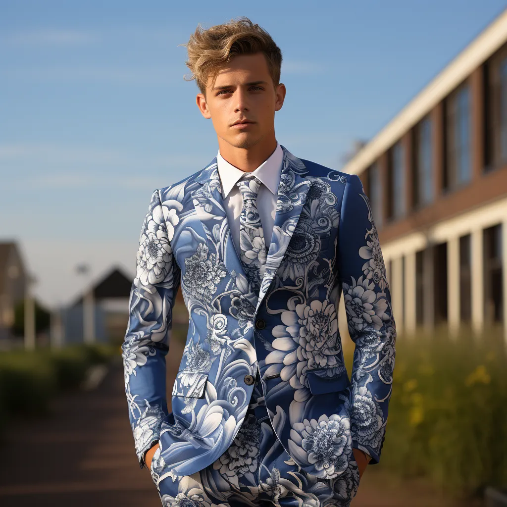 Rulercosplay Mens 2 Piece Print Suit Floral Dress Jacket Slim 2 Button Blazer Pants For Party