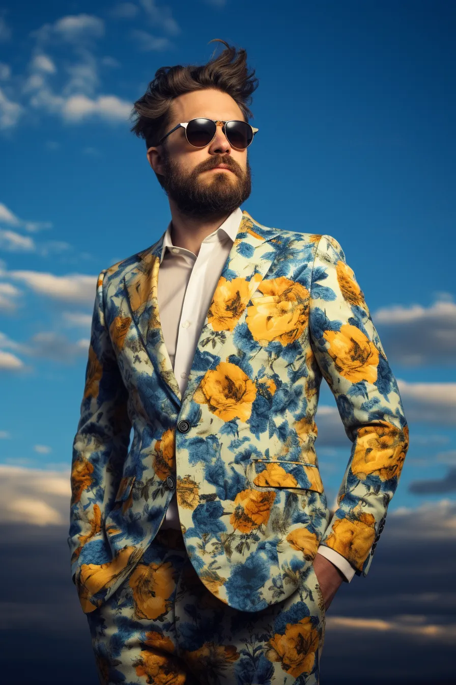 Rulercosplay Mens 2 Piece Print Suit Floral Dress Jacket Slim 2 Button Blazer Pants For Party