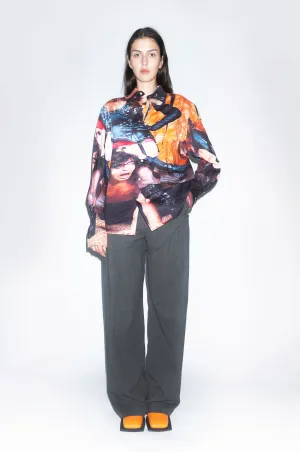 Runway Broke Long Sleeve Button-up Shirt in Dominatrix Graphic Print