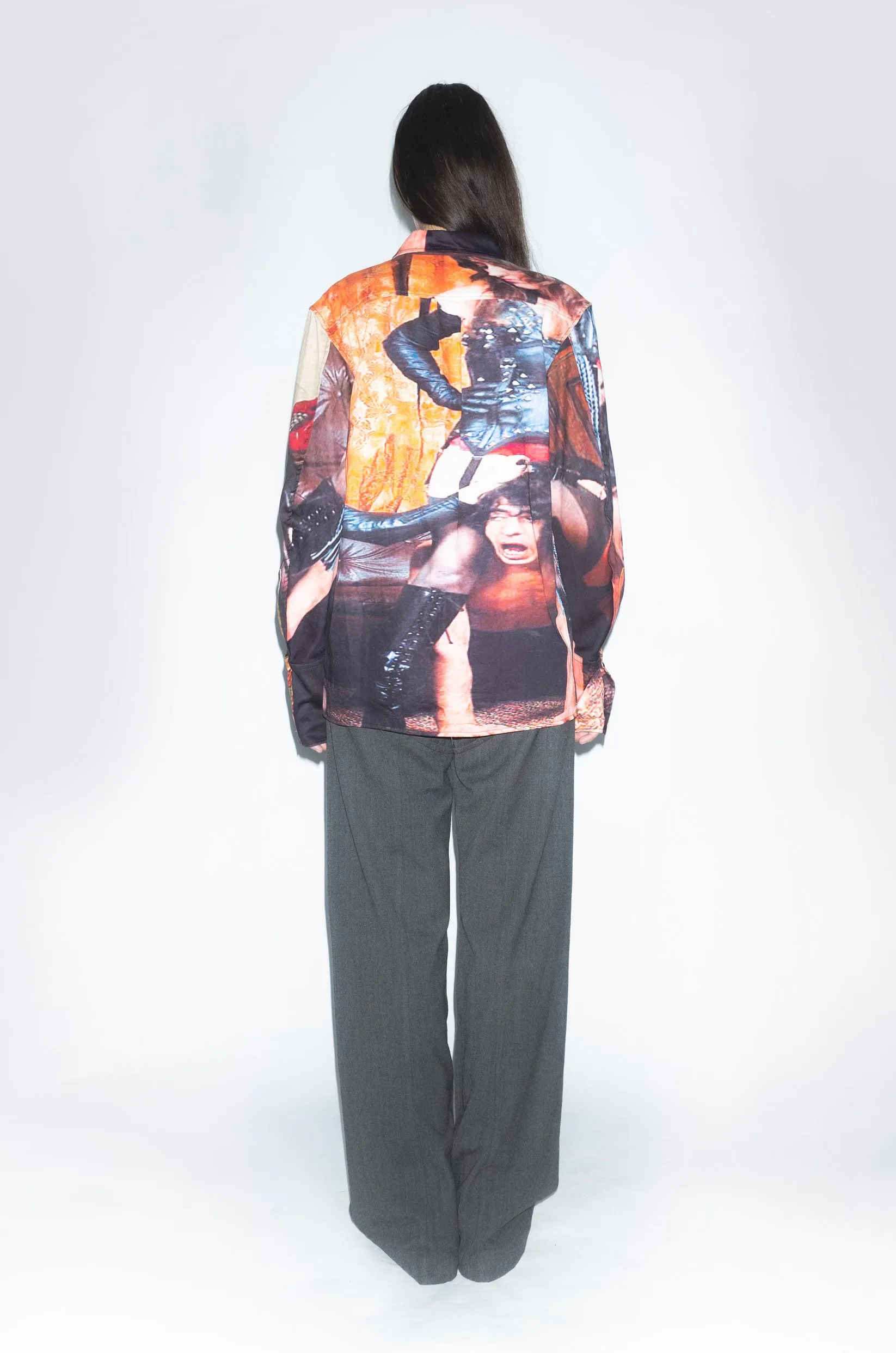 Runway Broke Long Sleeve Button-up Shirt in Dominatrix Graphic Print