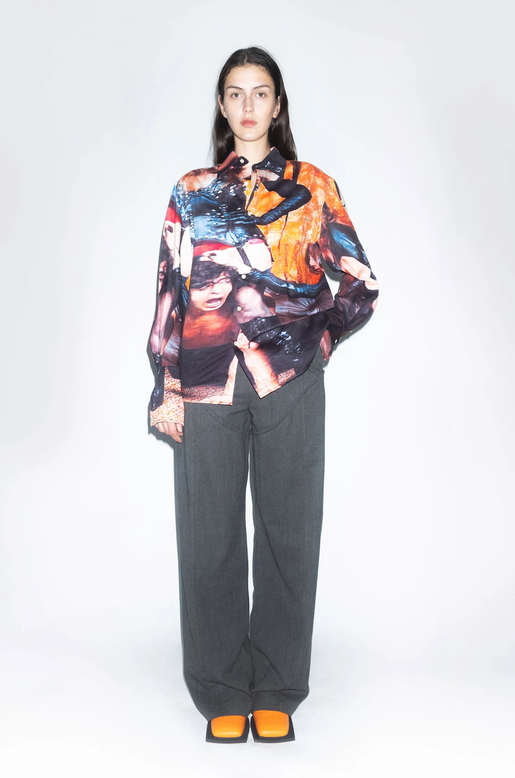 Runway Broke Long Sleeve Button-up Shirt in Dominatrix Graphic Print