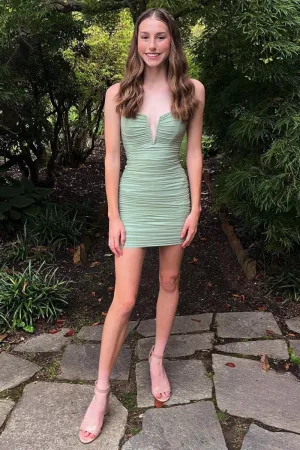 Sage Notched Ruched Mini Homecoming Dresses