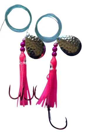 Salmon Tackle- Kokopros®Twin Pack Hot Pink #2 Salmon Hoochie's   2/0 Red Treble and 4/0 Red Octopus Snell