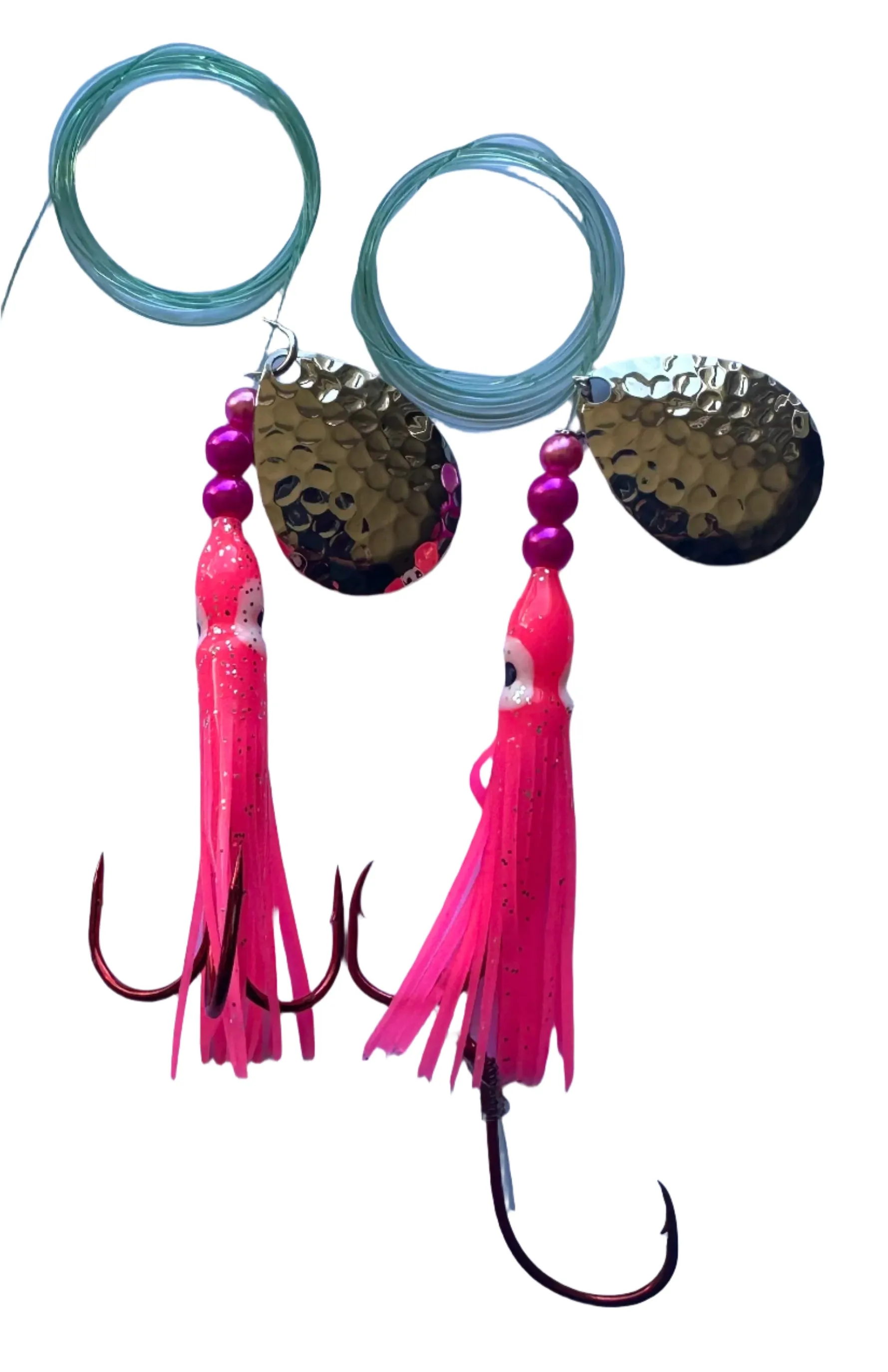 Salmon Tackle- Kokopros®Twin Pack Hot Pink #2 Salmon Hoochie's   2/0 Red Treble and 4/0 Red Octopus Snell