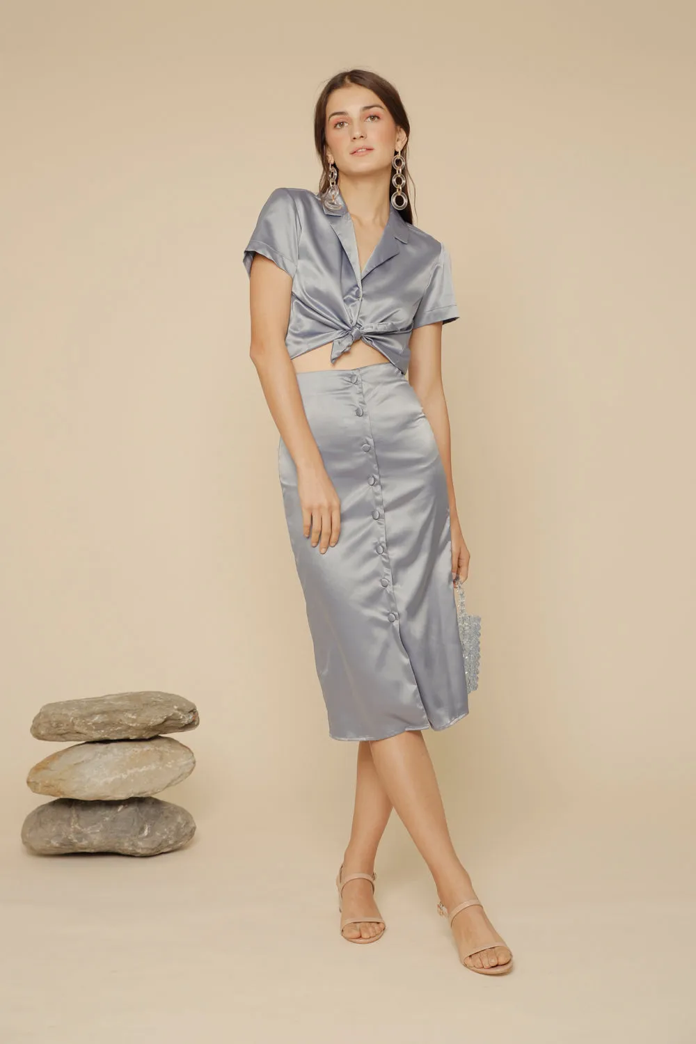 SALOME SET Silk Collared Blouse and Pencil Skirt with Covered Buttons (Serenity Blue Silk)