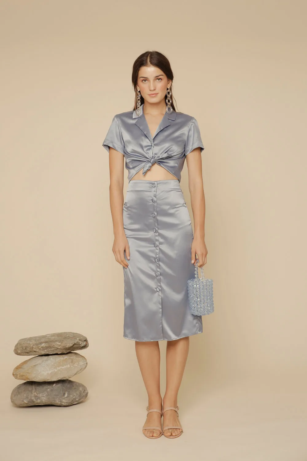 SALOME SET Silk Collared Blouse and Pencil Skirt with Covered Buttons (Serenity Blue Silk)