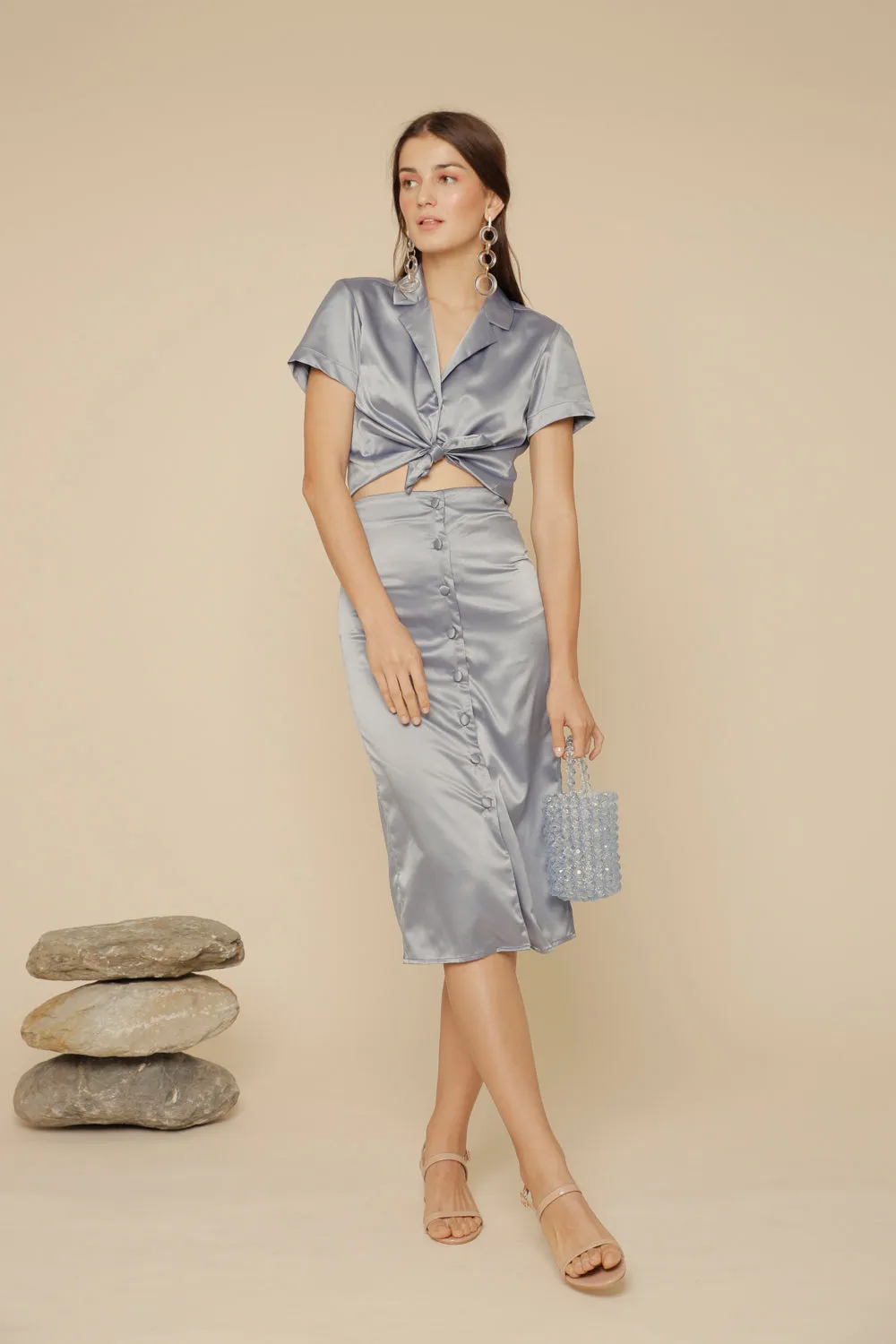SALOME SET Silk Collared Blouse and Pencil Skirt with Covered Buttons (Serenity Blue Silk)