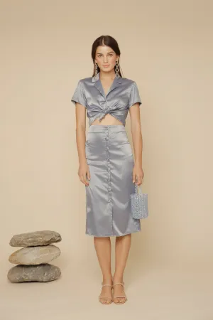 SALOME SET Silk Collared Blouse and Pencil Skirt with Covered Buttons (Serenity Blue Silk)