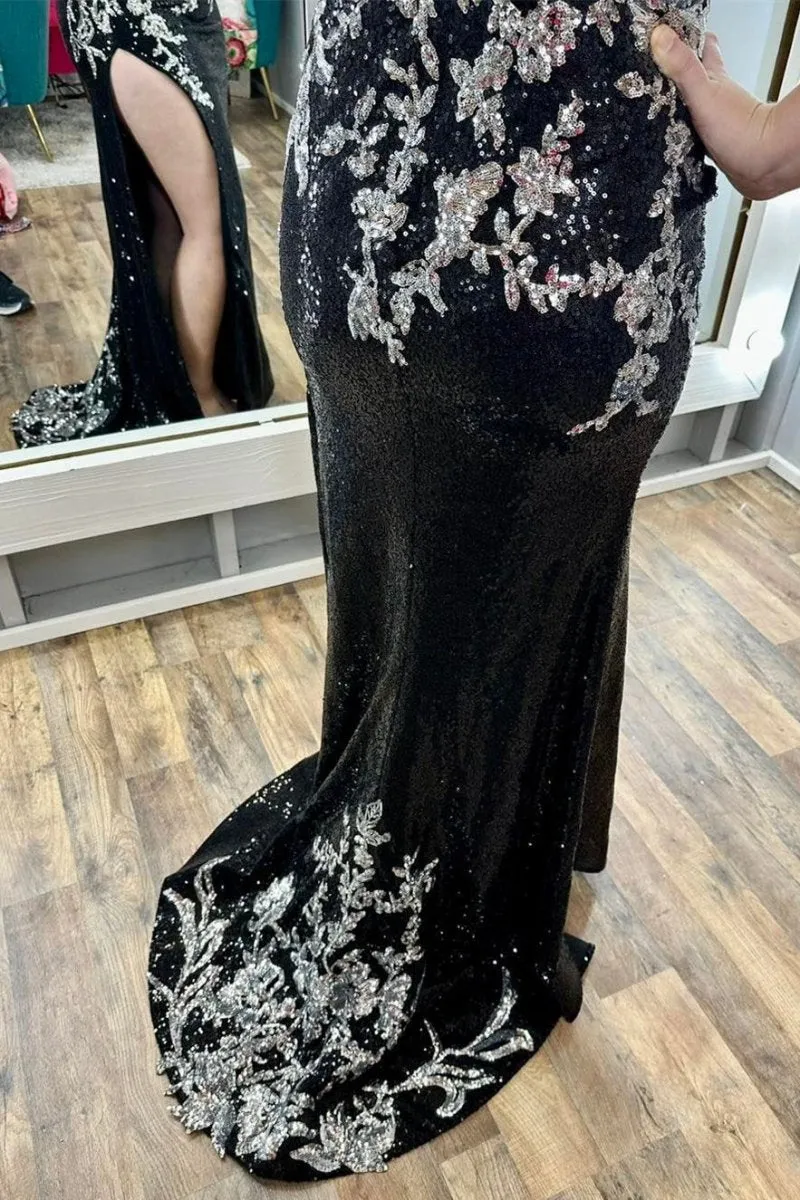 Sequin Appliques Spaghetti Strap Long Prom Dresses with Slit