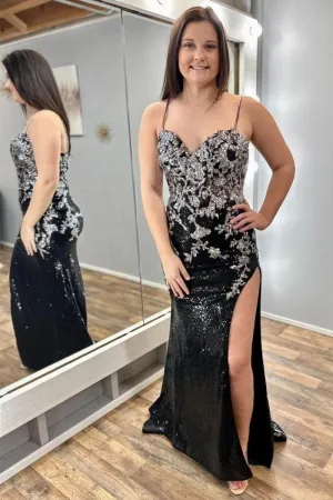 Sequin Appliques Spaghetti Strap Long Prom Dresses with Slit