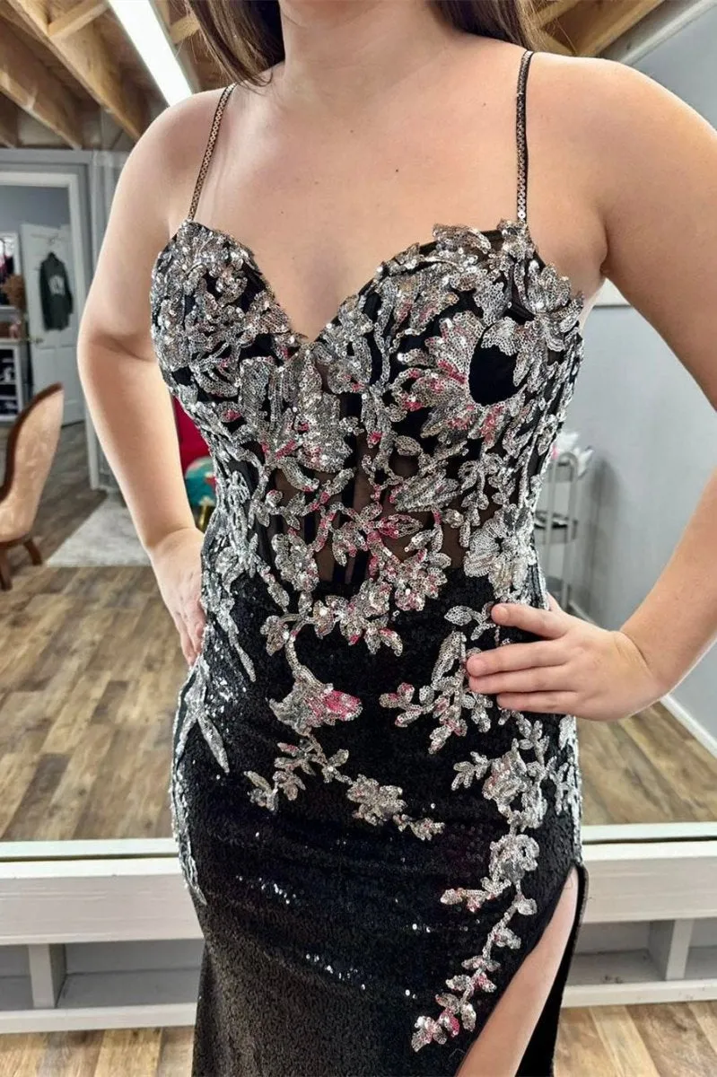 Sequin Appliques Spaghetti Strap Long Prom Dresses with Slit