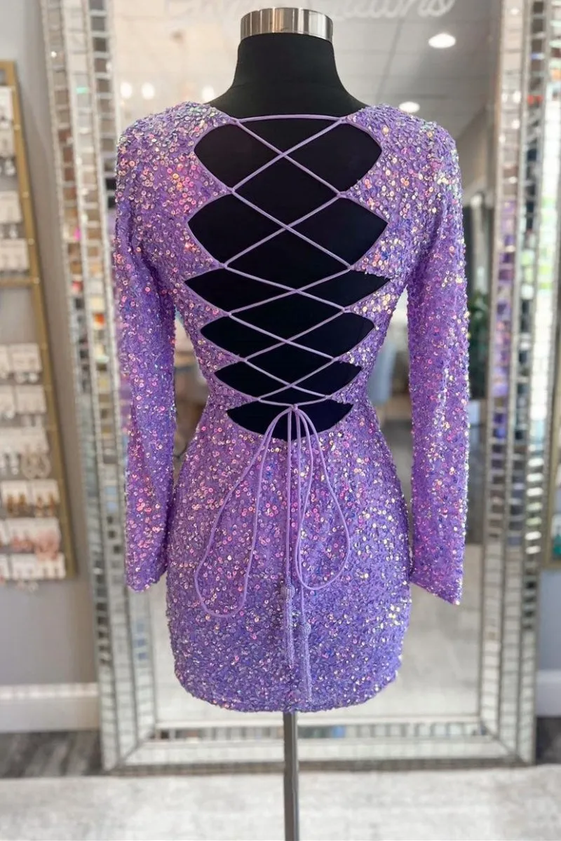 Sequin Lace-Up Short Party Dresses with Long Sleeves