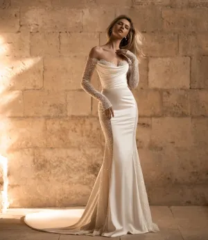 Sexy Backless Wedding Dresses For Women Gorgeous Satin Elegant Off Shoulder Long Sleeves Slimming Simple Mopping Bride Gowns