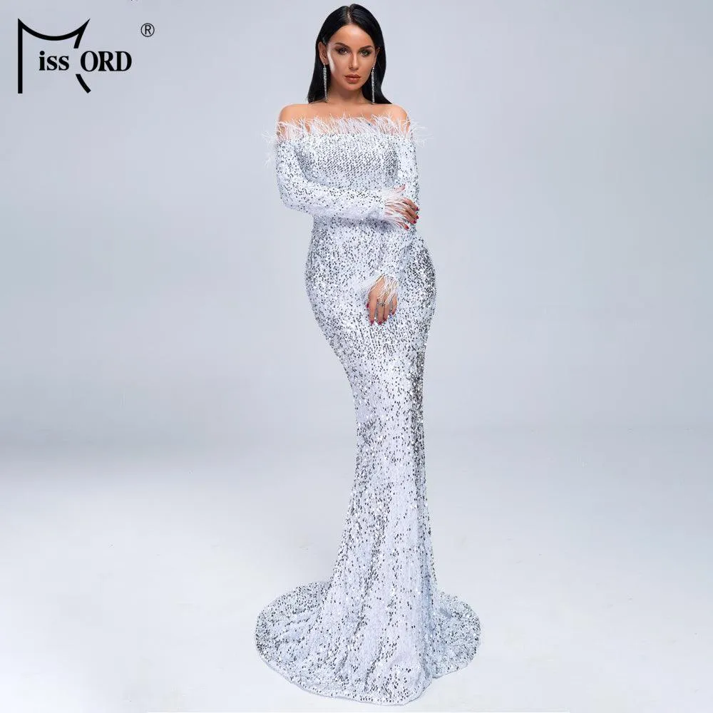 Sexy Off Shoulder Feather Long Sleeve Sequin Dress Floor Length